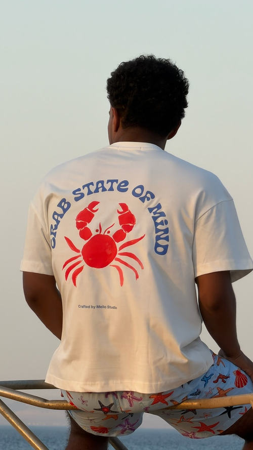 Crab State of Mind oversized tee by Meilo — red crab back print, Egyptian streetwear
