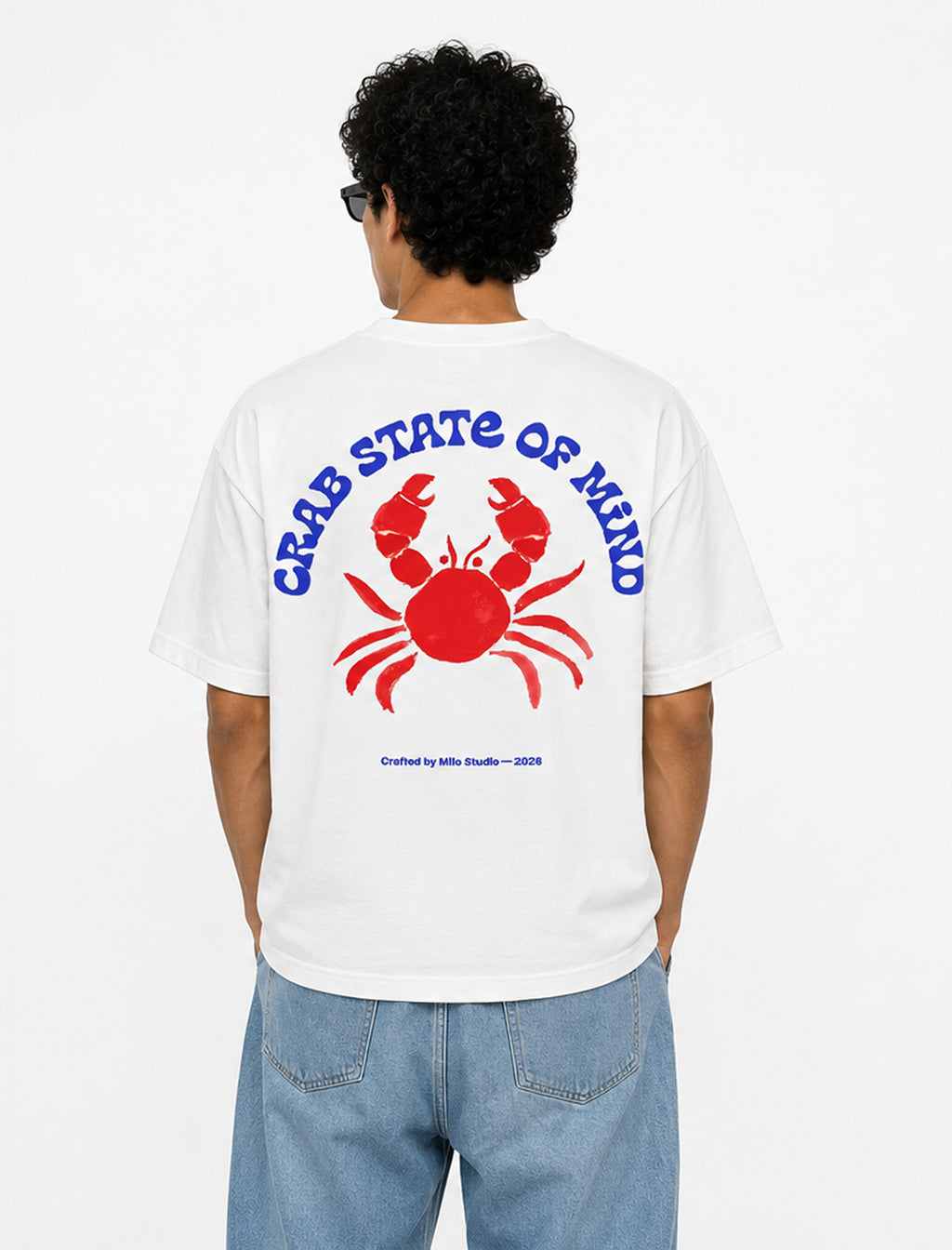 Crab State of Mind oversized tee by Meilo — red crab back print, Egyptian streetwear