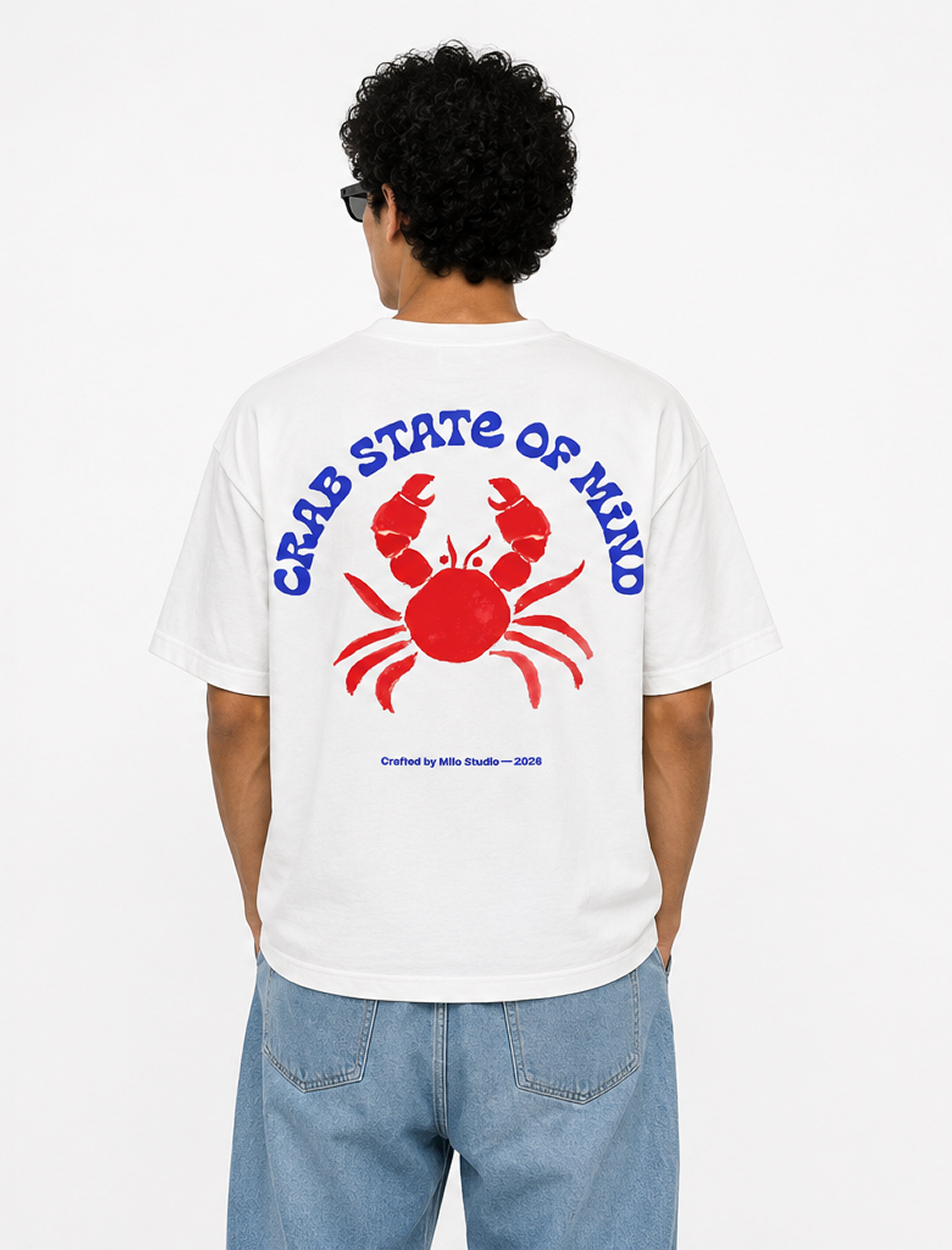 Crab State of Mind oversized tee by Meilo — red crab back print, Egyptian streetwear